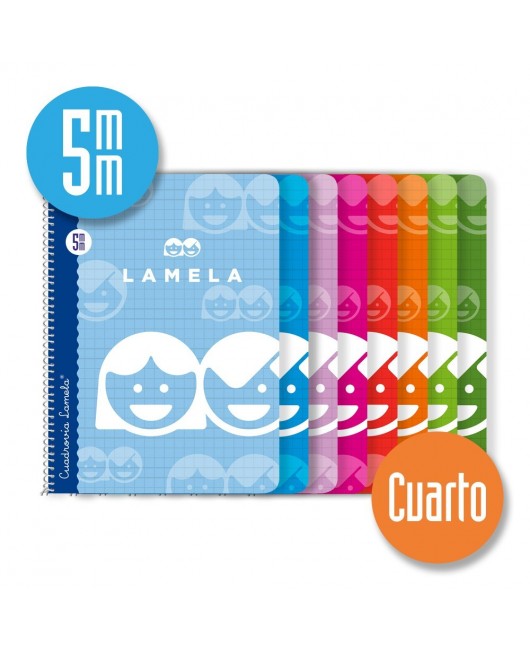 Cuaderno espiral cuarto 40 hojas. Cubierta cartoncillo plastificado. Cuadrovía 5mm.