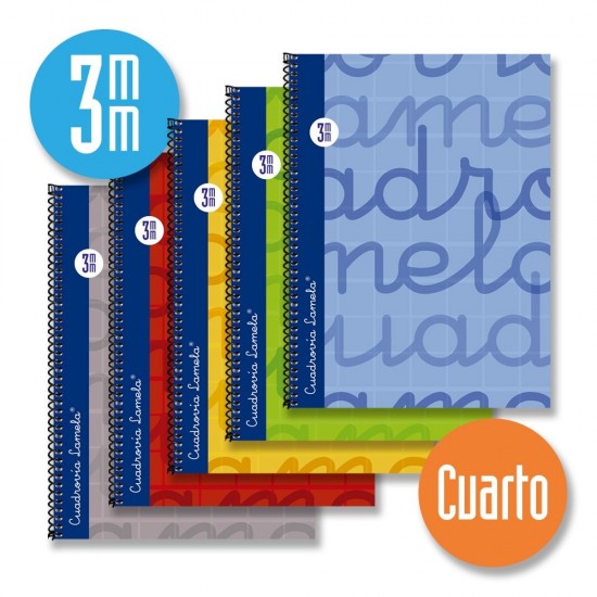 Cuaderno espiral cuarto 80 hojas. Cubierta extra dura AZUL. Cuadrovía 3mm.