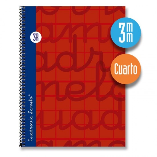 Cuaderno espiral cuarto 80 hojas. Cubierta extra dura ROJO. Cuadrovía 3mm.