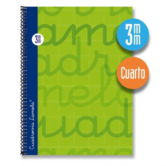 Cuaderno espiral cuarto 80 hojas. Cubierta extra dura VERDE. Cuadrovía 3mm.