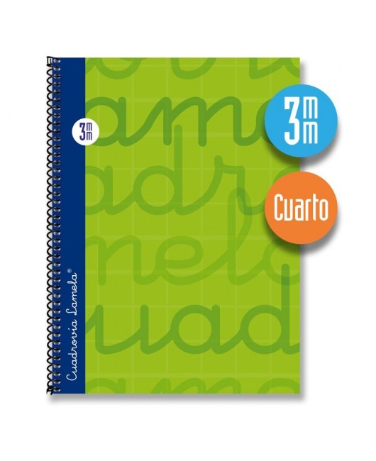 Cuaderno espiral cuarto 80 hojas. Cubierta extra dura VERDE. Cuadrovía 3mm.