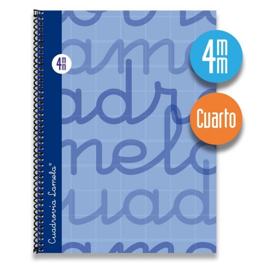 Cuaderno espiral cuarto 80 hojas. Cubierta extra dura AZUL. Cuadrovía 4mm.