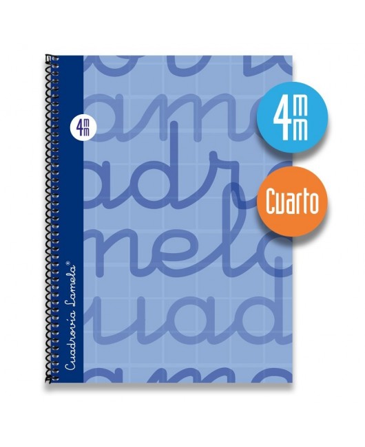 Cuaderno espiral cuarto 80 hojas. Cubierta extra dura AZUL. Cuadrovía 4mm.