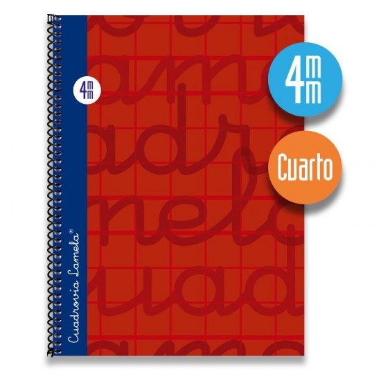 Cuaderno espiral cuarto 80 hojas. Cubierta extra dura ROJO. Cuadrovía 4mm.