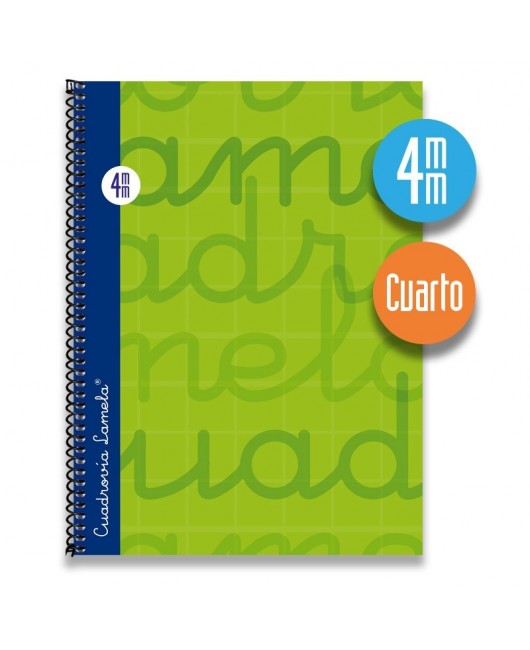 Cuaderno espiral cuarto 80 hojas. Cubierta extra dura VERDE. Cuadrovía 4mm.