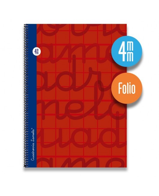 Cuaderno espiral FOLIO 80 hojas. Cubierta extra dura ROJO.  Cuadrovía 4mm.
