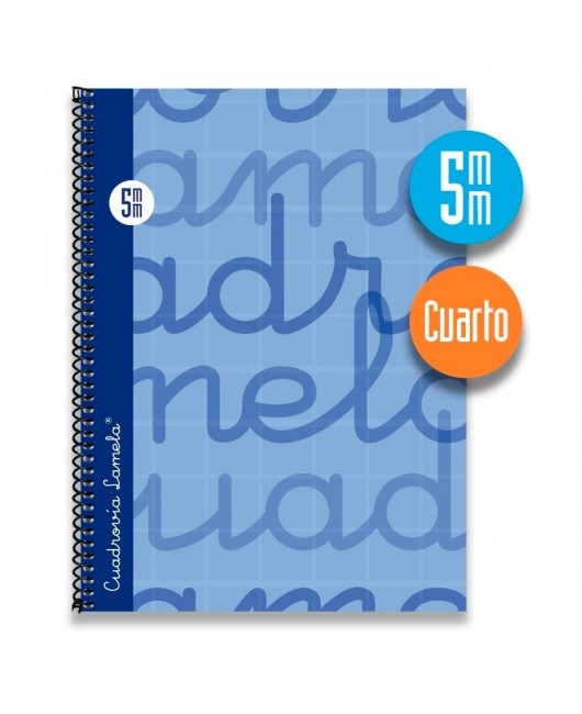 Cuaderno espiral cuarto 80 hojas. Cubierta extra dura AZUL. Cuadrovía 5mm.