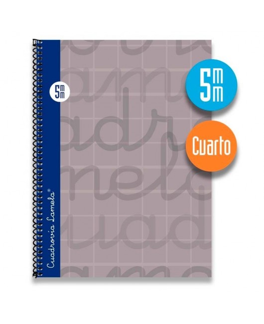 Cuaderno espiral cuarto 80 hojas. Cubierta extra dura GRIS.  Cuadrovía 5mm.