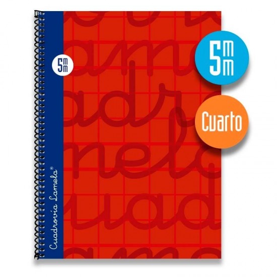 Cuaderno espiral cuarto 80 hojas. Cubierta extra dura ROJO.  Cuadrovía 5mm.