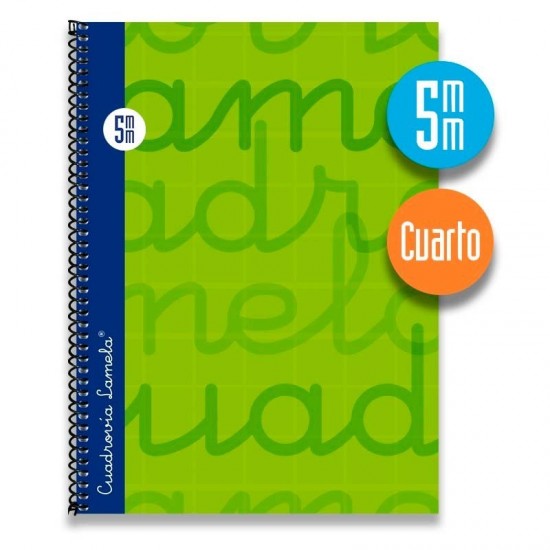 Cuaderno espiral cuarto 80 hojas. Cubierta extra dura VERDE.  Cuadrovía 5mm.