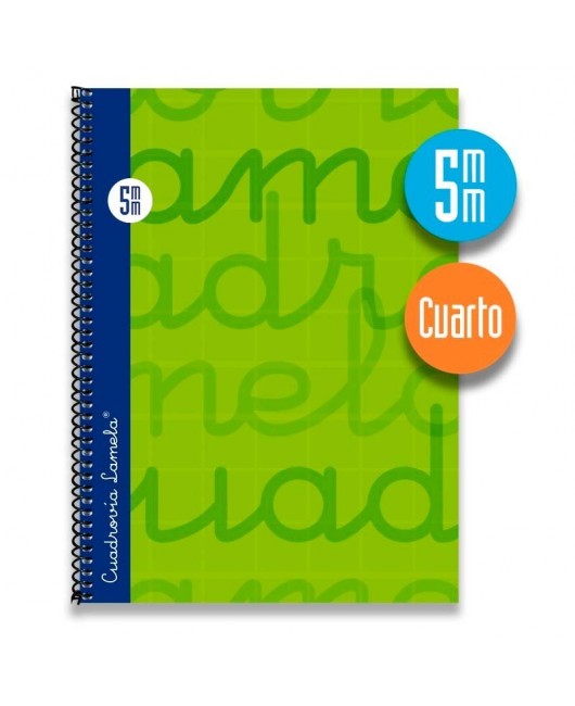 Cuaderno espiral cuarto 80 hojas. Cubierta extra dura VERDE.  Cuadrovía 5mm.